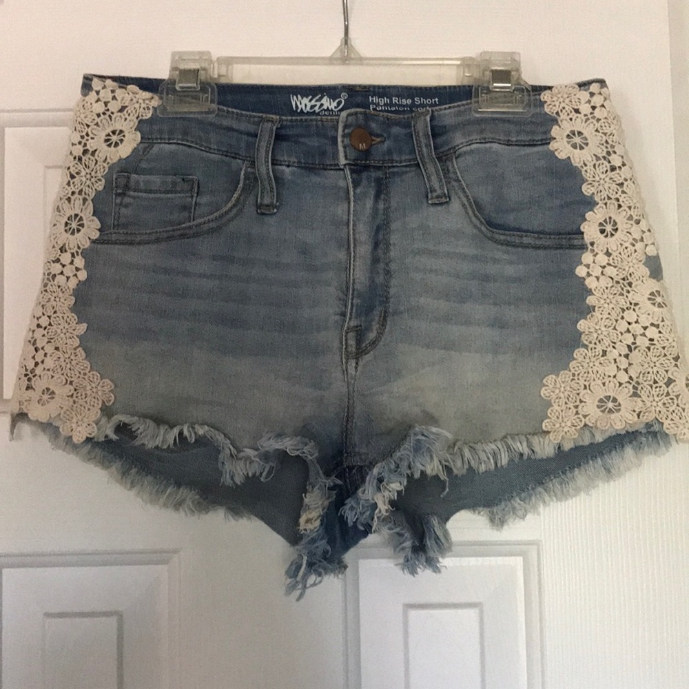 High Rise Denim Shorts with Lace Sides